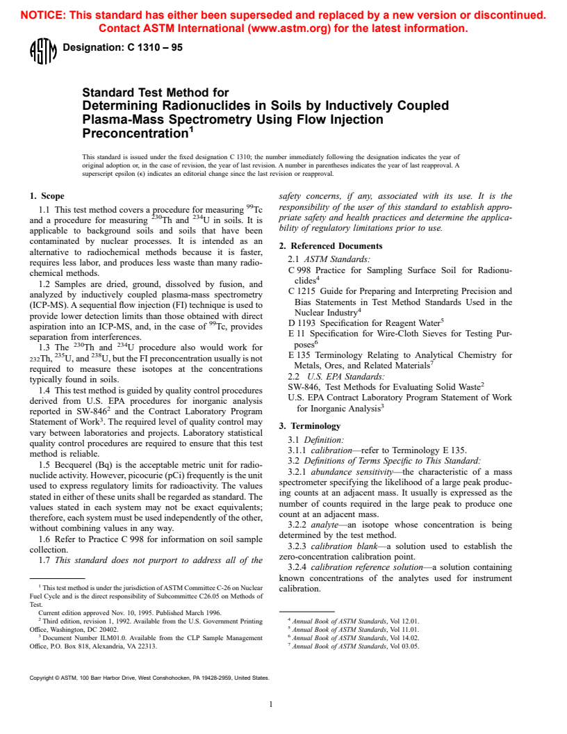 ASTM C1310-95 - Standard Test Method for Determining Radionuclides in Soils by Inductively Coupled Plasma-Mass Spectrometry Using Flow Injection Preconcentration