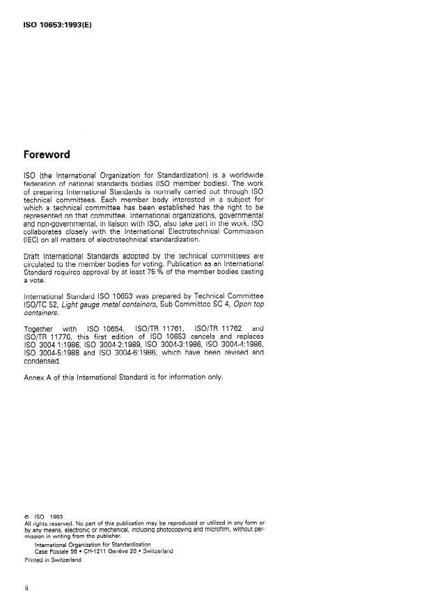 ISO 10653:1993 ISO 10653:1993 - Light-gauge metal containers -- Round open-top cans -- Cans defined by their nominal gross lidded capacities - Page 2 preview