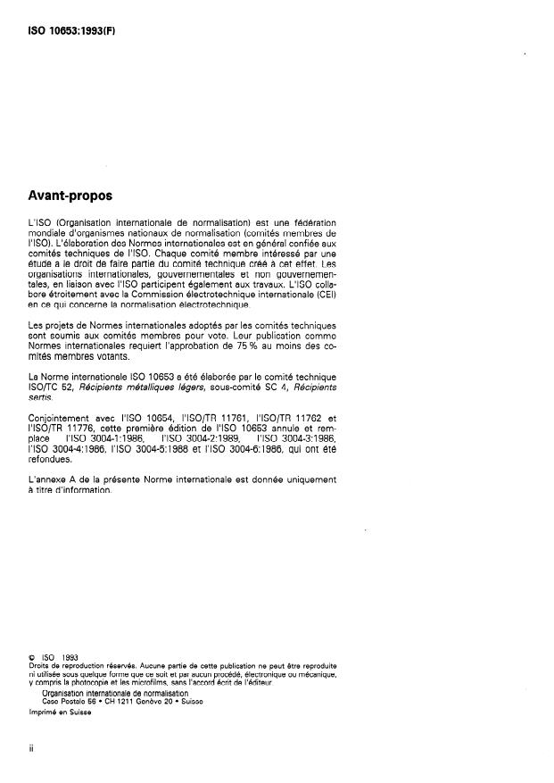 ISO 10653:1993 ISO 10653:1993 - Emballages métalliques légers -- Boîtes rondes serties -- Boîtes définies par leur capacité totale nominale - Page 2 preview