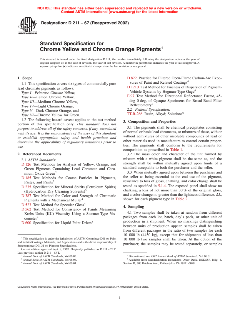 ASTM D211-67(2002) - Standard Specification for Chrome Yellow and Chrome Orange Pigments