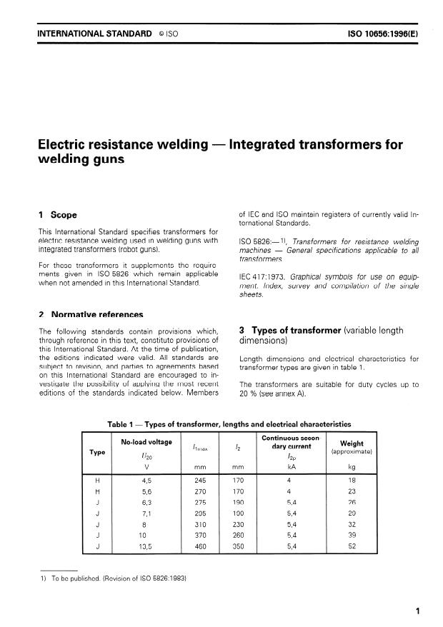 ISO 10656:1996 - Electric resistance welding -- Integrated transformers for welding guns