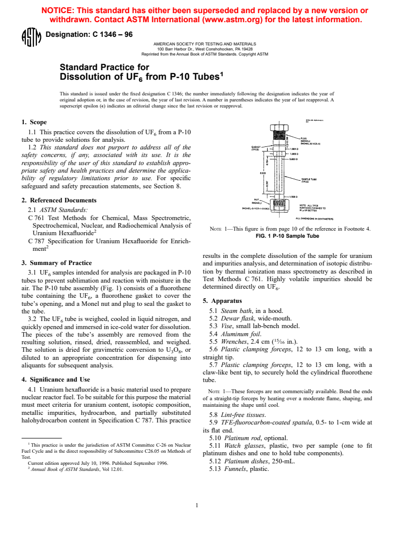 ASTM C1346-96 - Standard Practice for Dissolution of UF<sub>6</sub> from P-10 Tubes