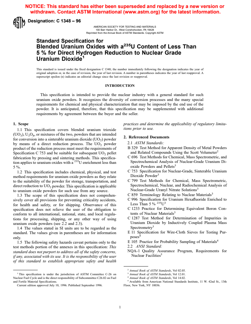 ASTM C1348-96 - Standard Specification for Blended Uranium Oxides with a <sup>235</sup>U Content of Less Than 5 % for Direct Hydrogen Reduction to Nuclear Grade Uranium Dioxide