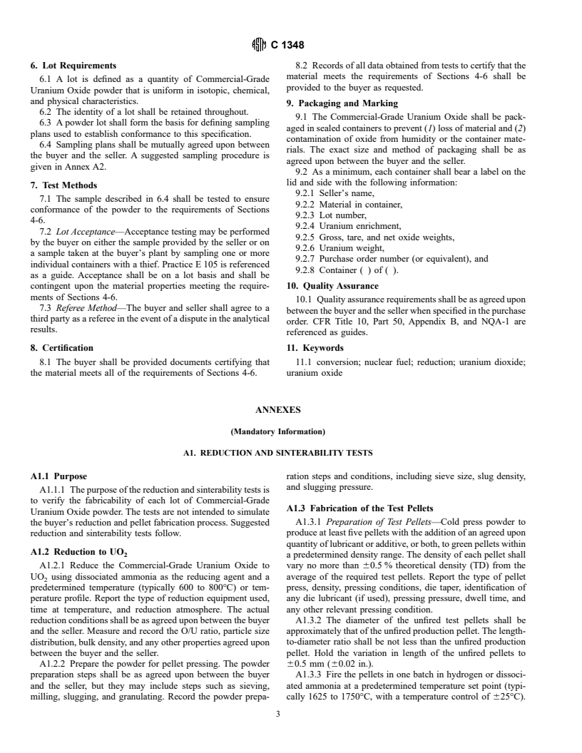 ASTM C1348-96 - Standard Specification for Blended Uranium Oxides with a <sup>235</sup>U Content of Less Than 5 % for Direct Hydrogen Reduction to Nuclear Grade Uranium Dioxide