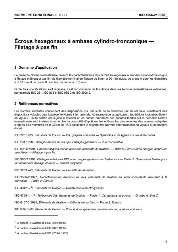 ISO 10663:1999 - Écrous hexagonaux a embase cylindro-tronconique --  Filetage a pas fin