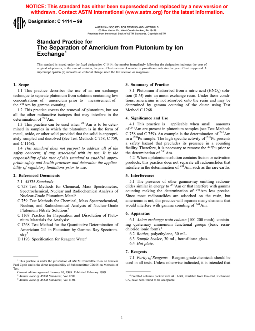 ASTM C1414-99 - Standard Practice for the Separation of Americium from Plutonium by Ion Exchange