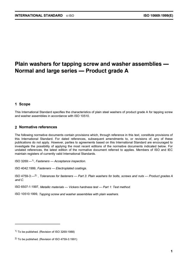 ISO 10669:1999 - Plain washers for tapping screw and washer assemblies -- Normal and large series -- Product grade A