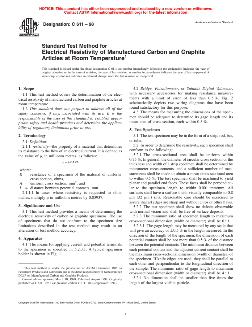 ASTM C611-98 - Standard Test Method for Electrical Resistivity of Manufactured Carbon and Graphite Articles at Room Temperature