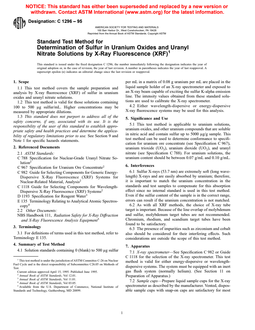 ASTM C1296-95 - Standard Test Method for Determination of Sulfur in Uranium Oxides and Uranyl Nitrate Solutions by X-Ray Fluorescence (XRF)