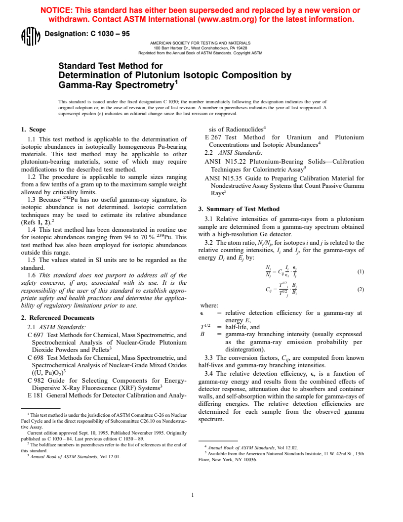 ASTM C1030-95 - Standard Test Method for Determination of Plutonium Isotopic Composition by Gamma-Ray Spectrometry