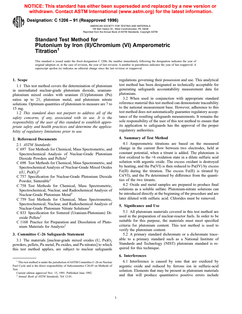 ASTM C1206-91(1996) - Standard Test Method for Plutonium by Iron (II)/Chromium (VI) Amperometric Titration