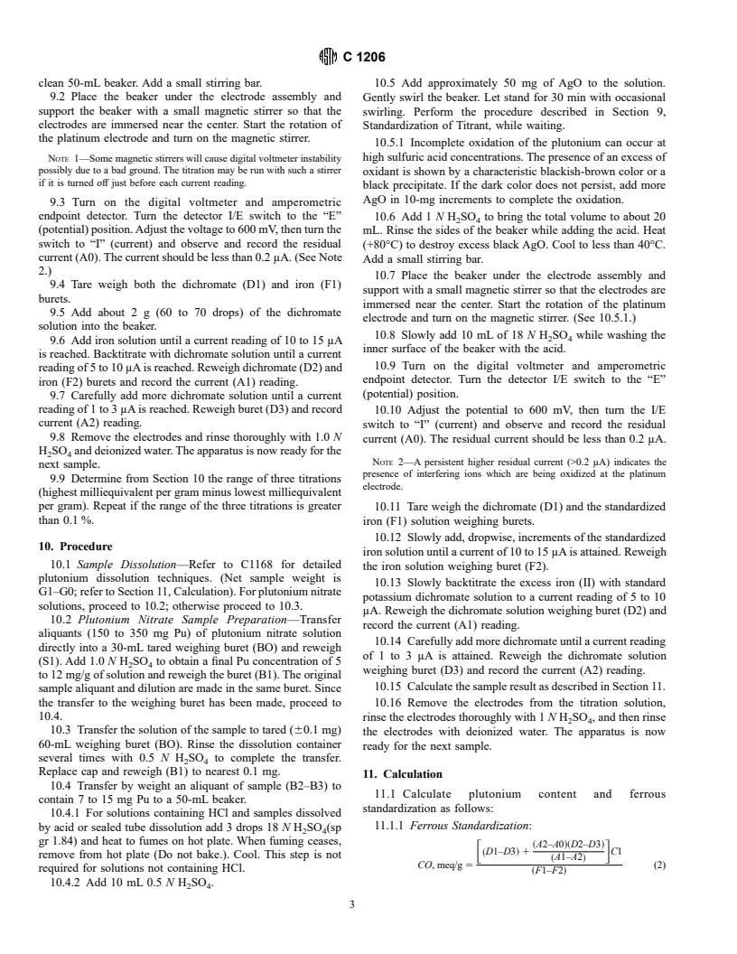 ASTM C1206-91(1996) - Standard Test Method for Plutonium by Iron (II)/Chromium (VI) Amperometric Titration