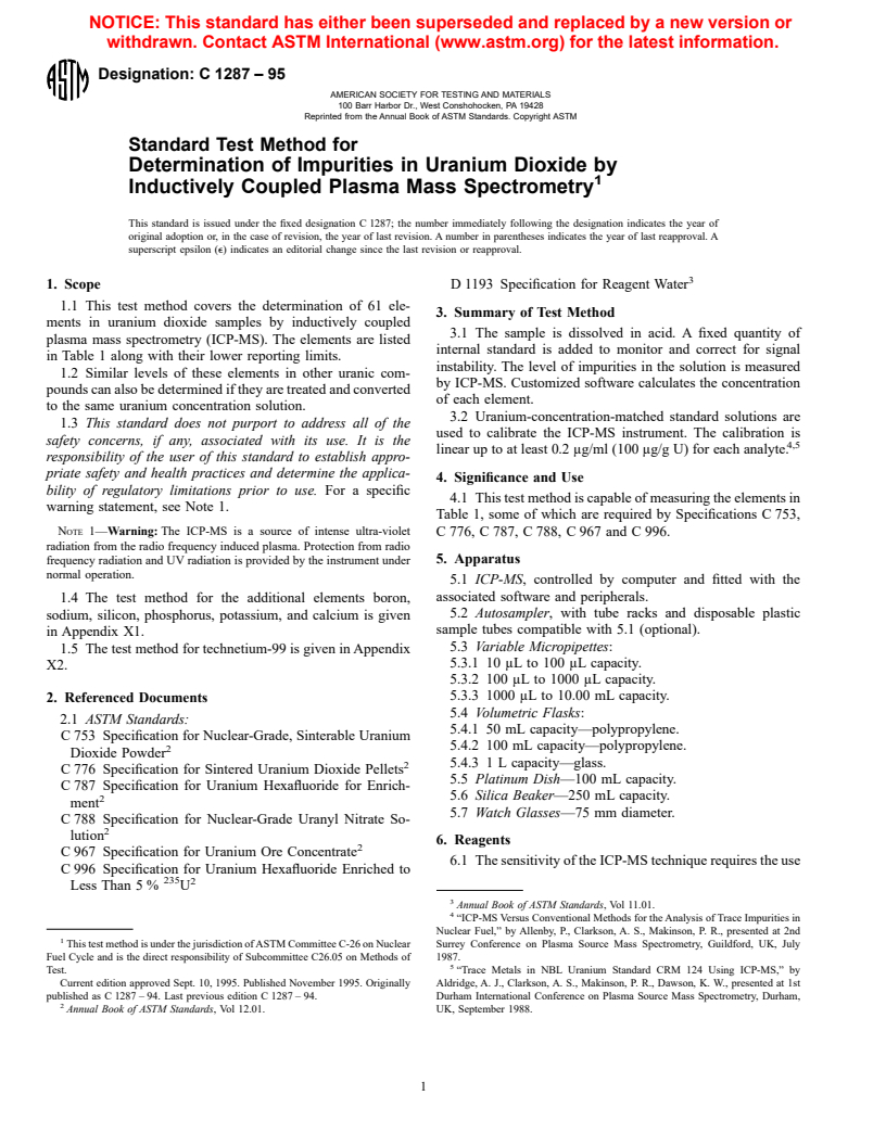 ASTM C1287-95 - Standard Test Method for Determination of Impurities in Uranium Dioxide by Inductively Coupled Plasma Mass Spectrometry