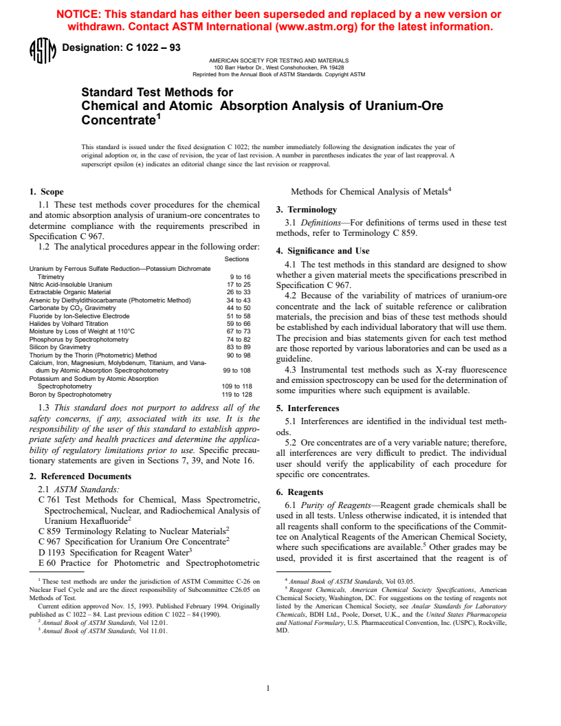 ASTM C1022-93 - Standard Test Methods for Chemical and Atomic Absorption Analysis of Uranium-Ore Concentrate