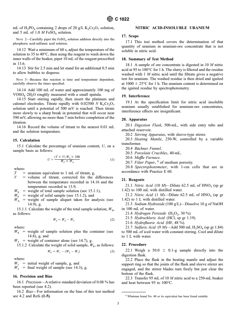 ASTM C1022-93 - Standard Test Methods for Chemical and Atomic Absorption Analysis of Uranium-Ore Concentrate