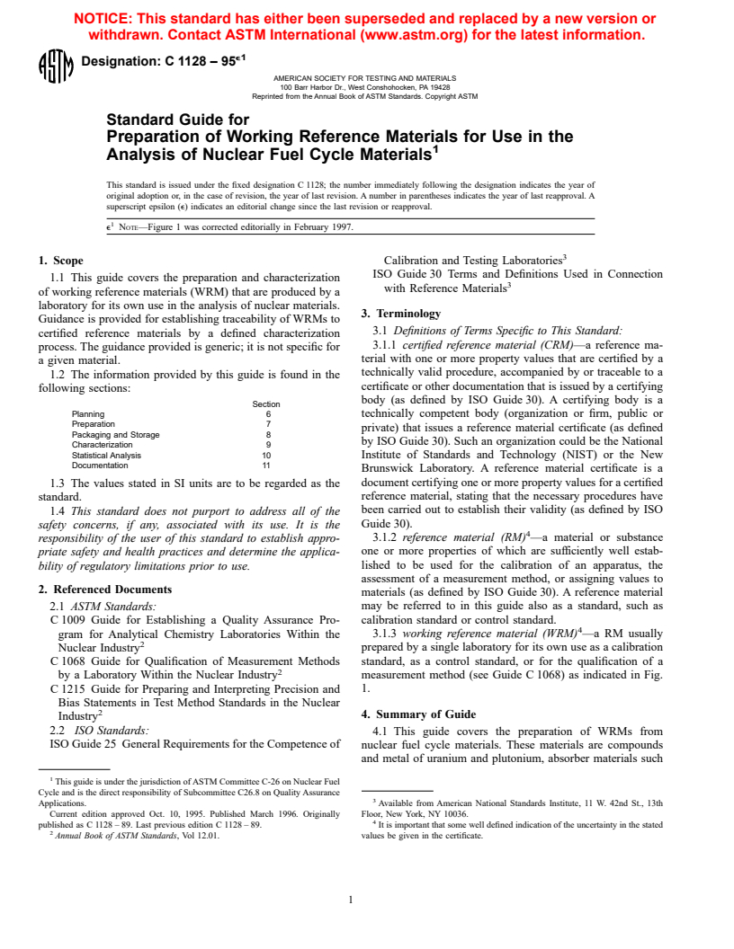 ASTM C1128-95e1 - Standard Guide for Preparation of Working Reference Materials for Use in the Analysis of Nuclear Fuel Cycle Materials