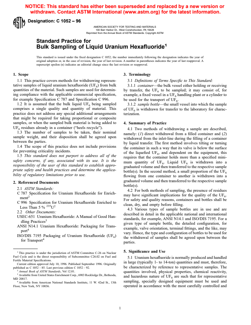 ASTM C1052-96 - Standard Practice for Bulk Sampling of Liquid Uranium Hexafluoride