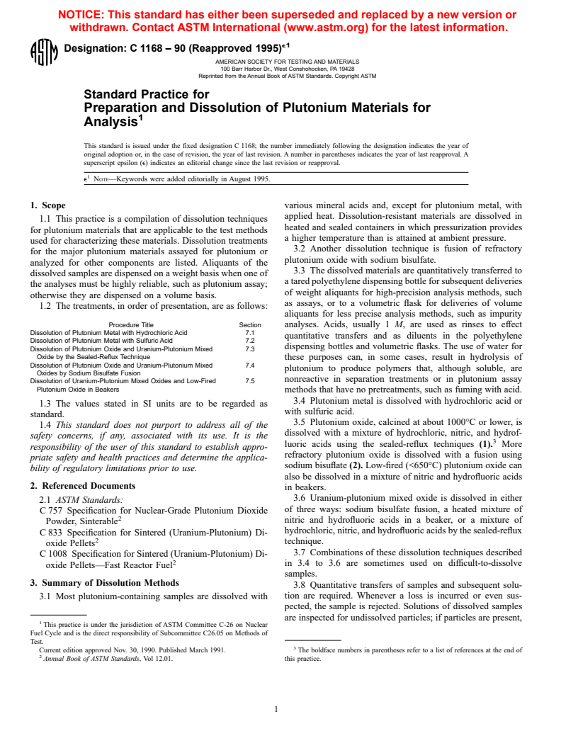 ASTM C1168-90(1995)e1 - Standard Practice for Preparation and Dissolution of Plutonium Materials for Analysis