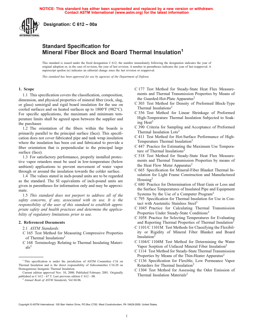 ASTM C612-00a - Standard Specification for Mineral Fiber Block and Board Thermal Insulation