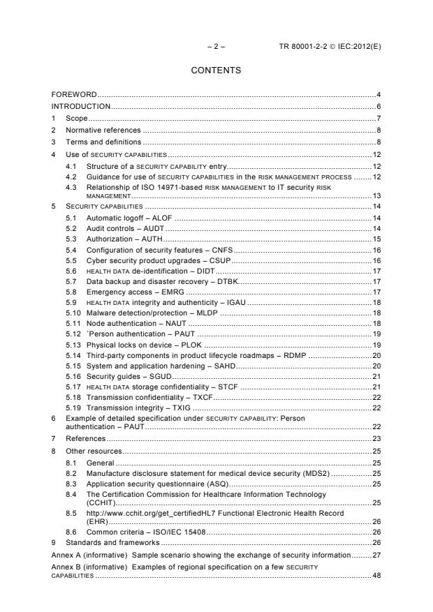 IEC TR 80001-2-2:2012 IEC TR 80001-2-2:2012 - Application of risk management for IT-networks incorporating medical devices - Part 2-2: Guidance for the disclosure and communication of medical device security needs, risks and controls - Page 4 preview
