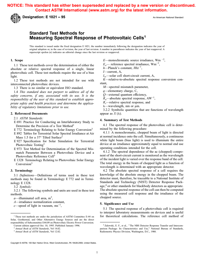 ASTM E1021-95 - Standard Test Methods for Measuring Spectral Response of Photovoltaic Cells