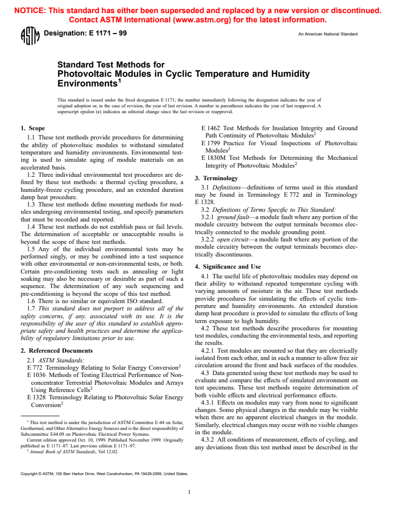 ASTM E1171-99 - Standard Test Method for Photovoltaic Modules in Cyclic Temperature and Humidity Environments