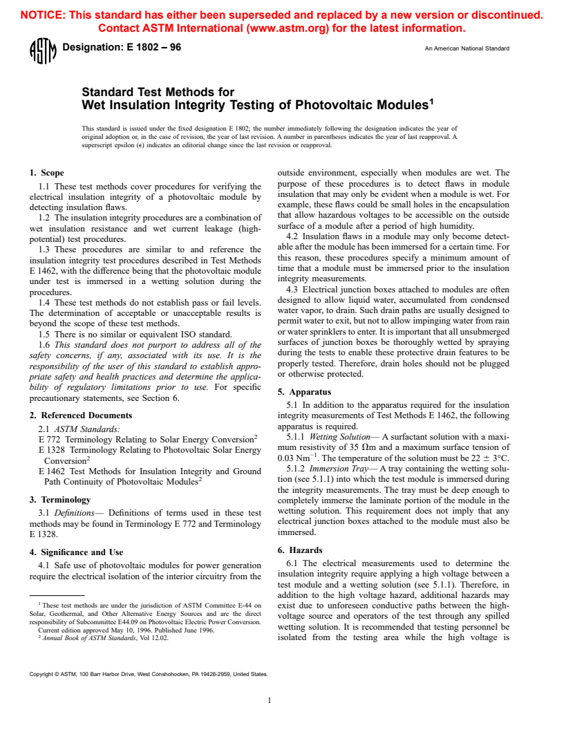 ASTM E1802-96 - Standard Test Methods for Wet Insulation Integrity Testing of Photovoltaic Modules