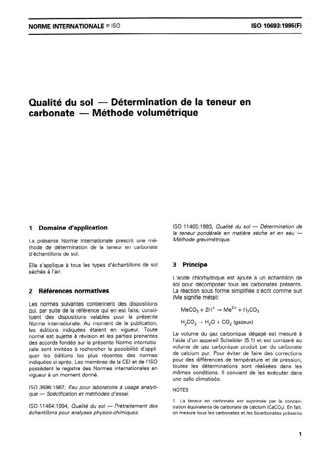 ISO 10693:1995 - Qualité du sol -- Détermination de la teneur en carbonate -- Méthode volumétrique