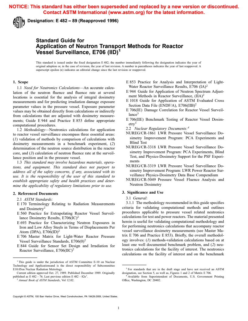 ASTM E482-89(1996) - Standard Guide for Application of Neutron Transport Methods for Reactor Vessel Surveillance, E706 (IID)