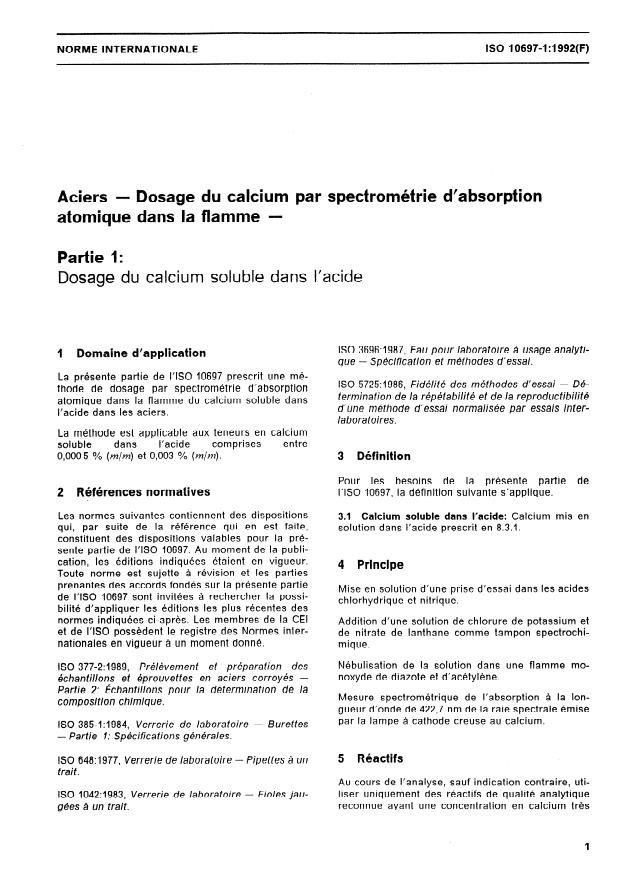 ISO 10697-1:1992 - Aciers -- Dosage du calcium par spectrométrie d'absorption atomique dans la flamme