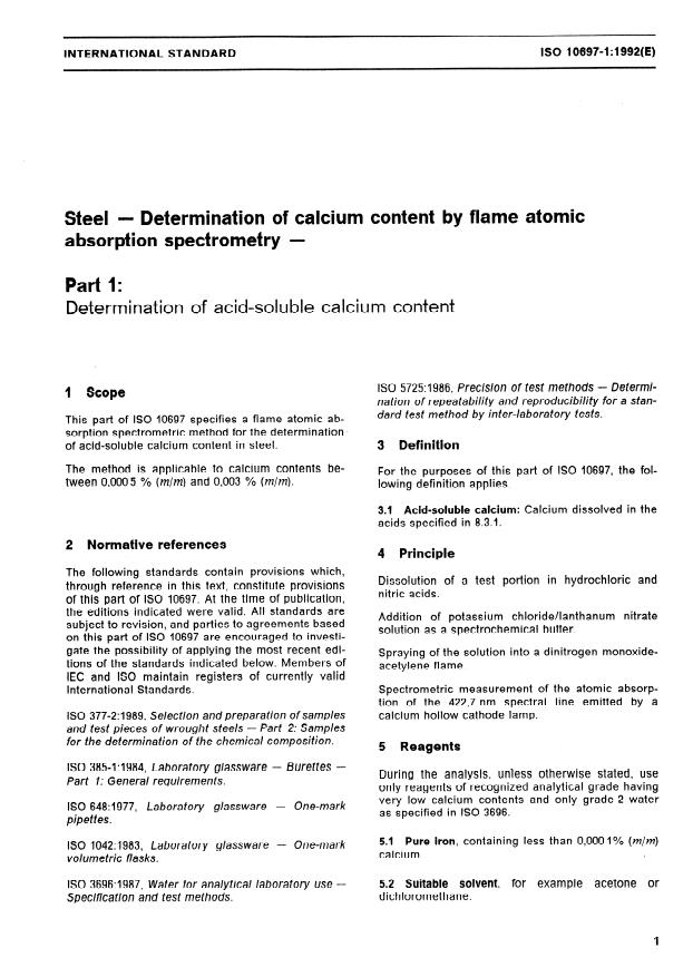 ISO 10697-1:1992 - Steel -- Determination of calcium content by flame atomic absorption spectrometry