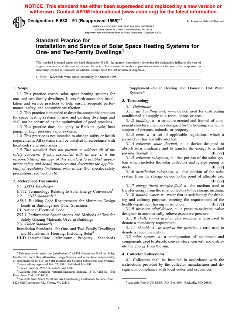 ASTM E683-91(1995)e1 - Standard Practice for Installation and Service of Solar Space Heating Systems for One- and Two-Family Dwellings