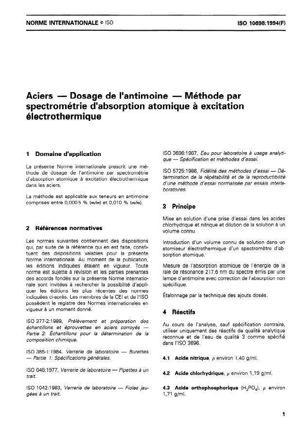 ISO 10698:1994 - Aciers -- Dosage de l'antimoine -- Méthode par spectrométrie d'absorption atomique a excitation électrothermique