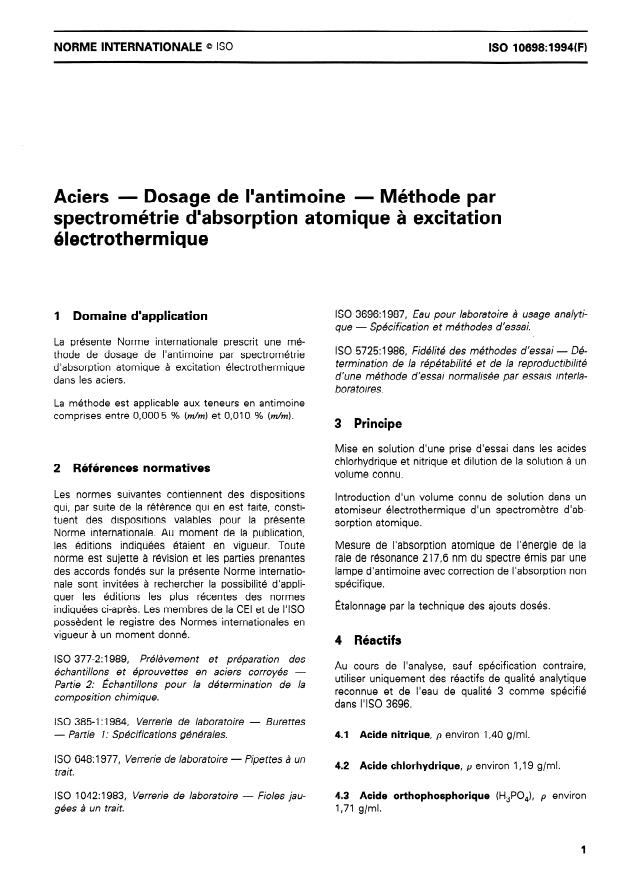 ISO 10698:1994 - Aciers -- Dosage de l'antimoine -- Méthode par spectrométrie d'absorption atomique a excitation électrothermique