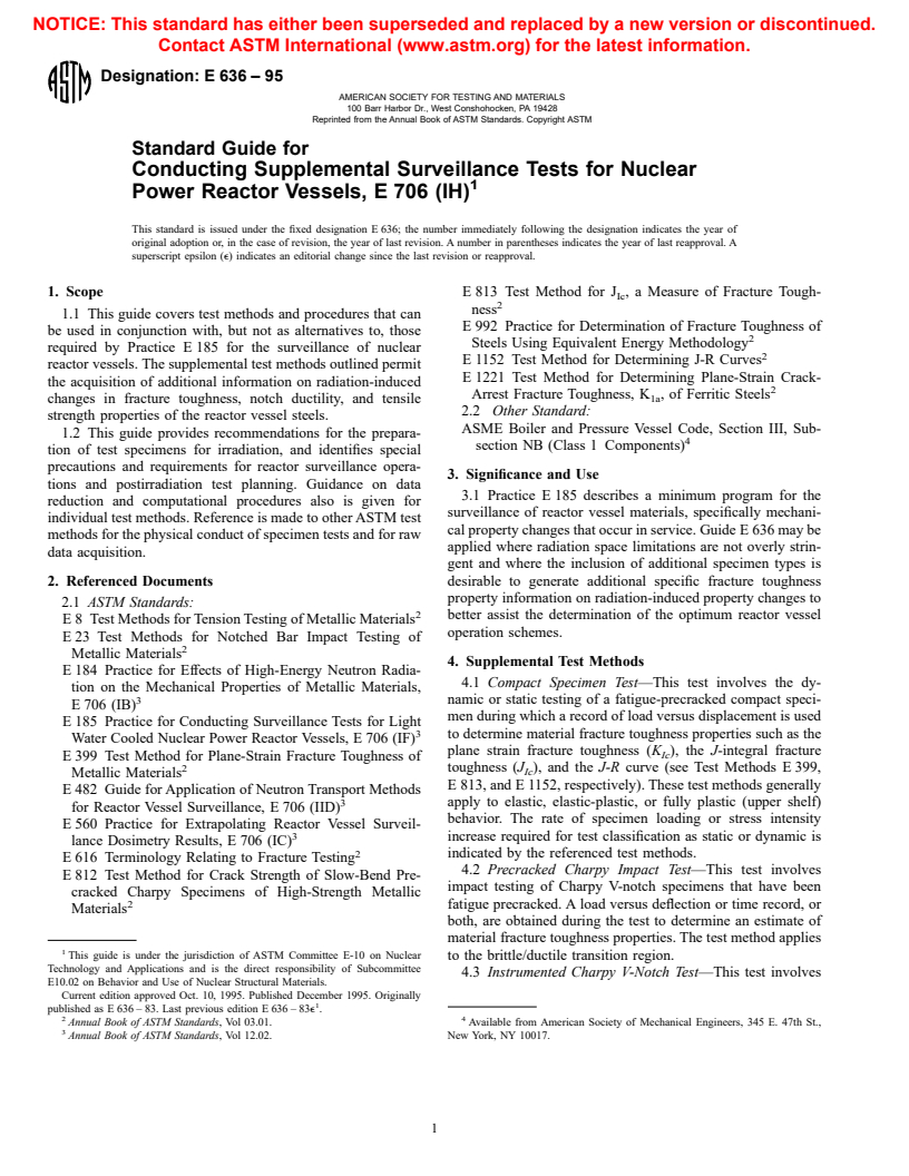 ASTM E636-95 - Standard Guide for Conducting Supplemental Surveillance Tests for Nuclear Power Reactor Vessels, E706 (IH)