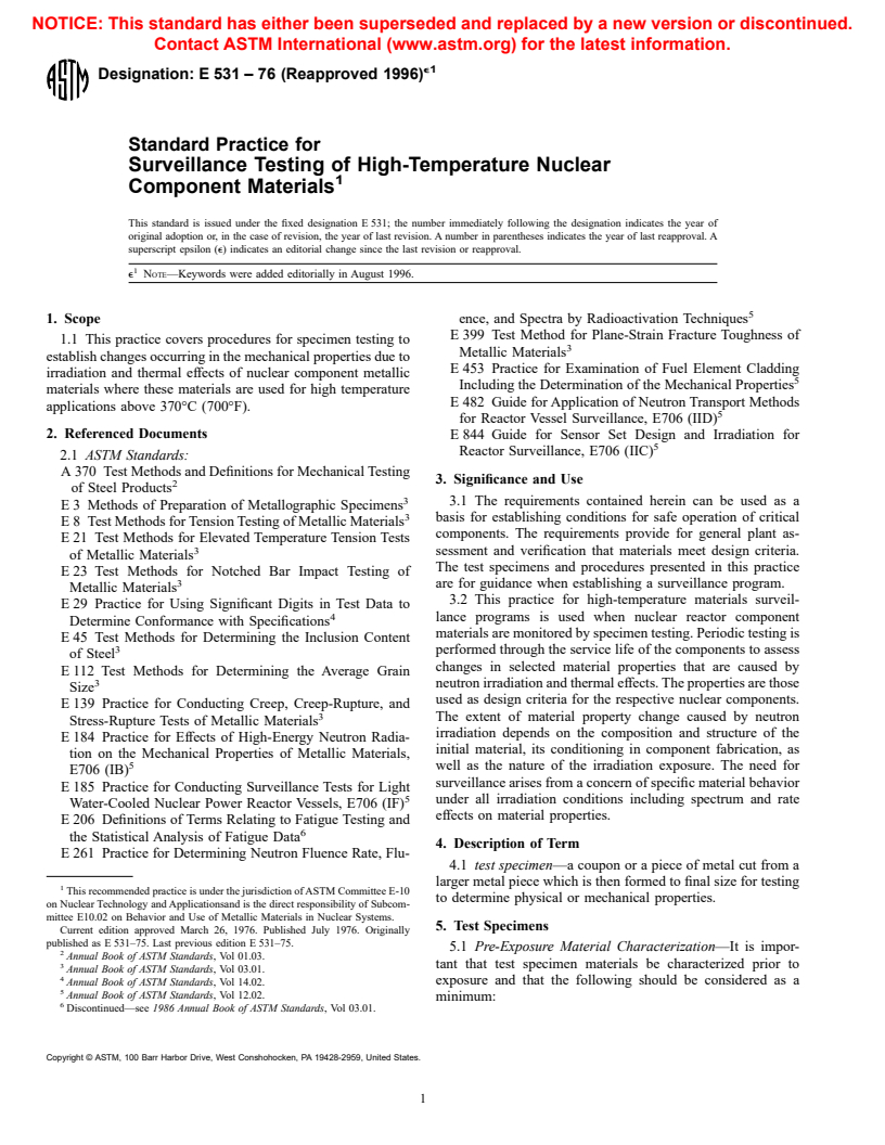 ASTM E531-76(1996)e1 - Standard Practice for Surveillance Testing of High-Temperature Nuclear Component Materials