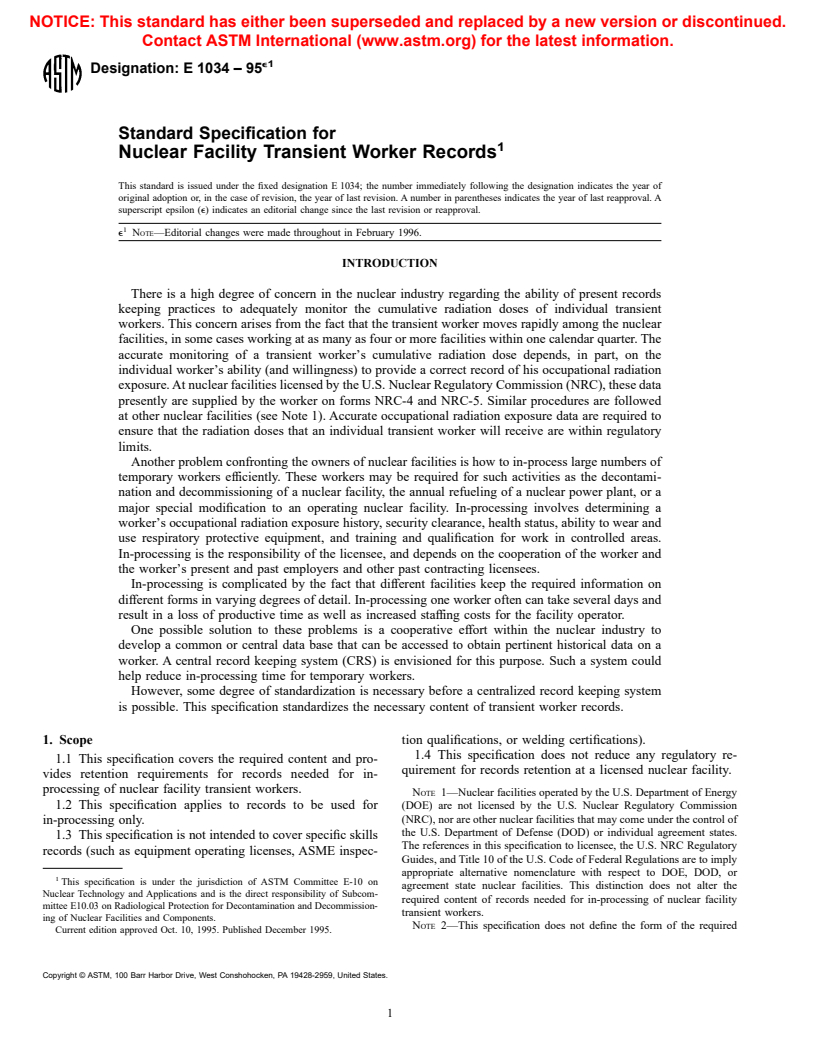 ASTM E1034-95e1 - Standard Specification for Nuclear Facility Transient Worker Records