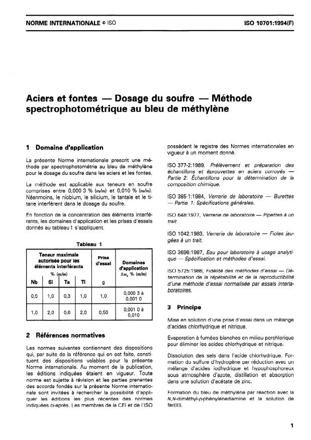 ISO 10701:1994 - Aciers et fontes -- Dosage du soufre -- Méthode spectrophotométrique au bleu de méthylene
