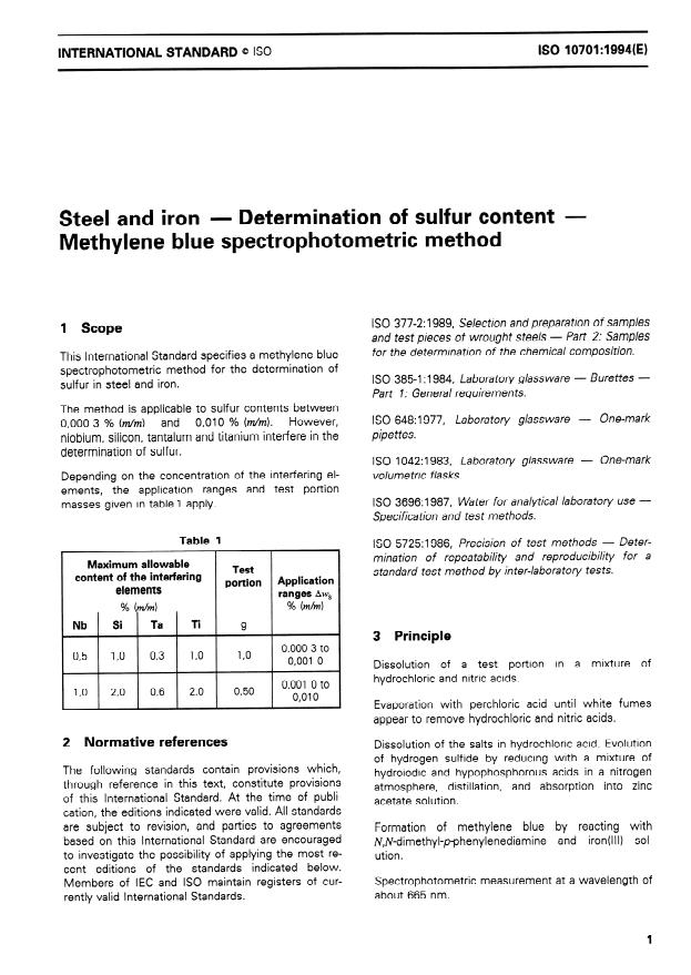 ISO 10701:1994 - Steel and iron -- Determination of sulfur content -- Methylene blue spectrophotometric method