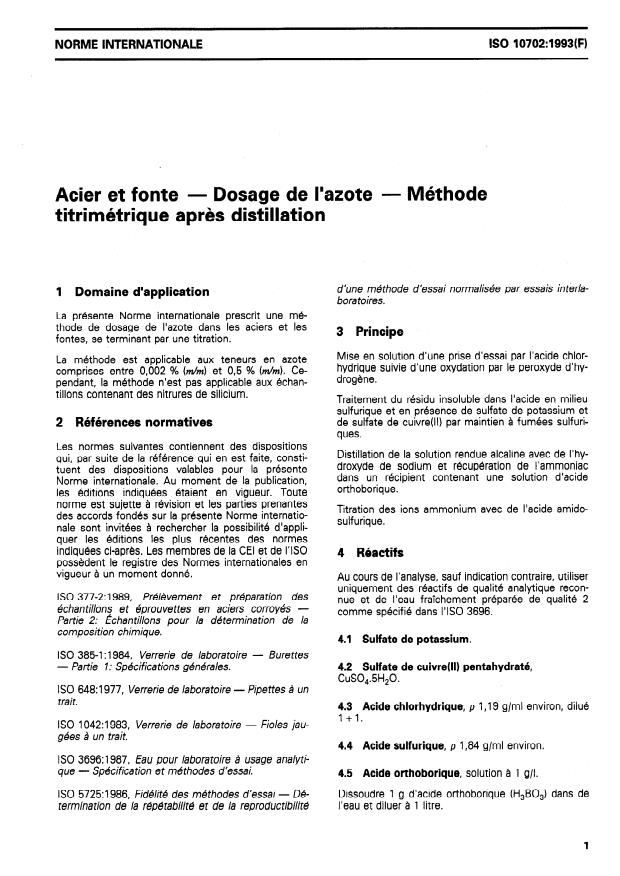 ISO 10702:1993 - Acier et fonte -- Dosage de l'azote -- Méthode titrimétrique apres distillation