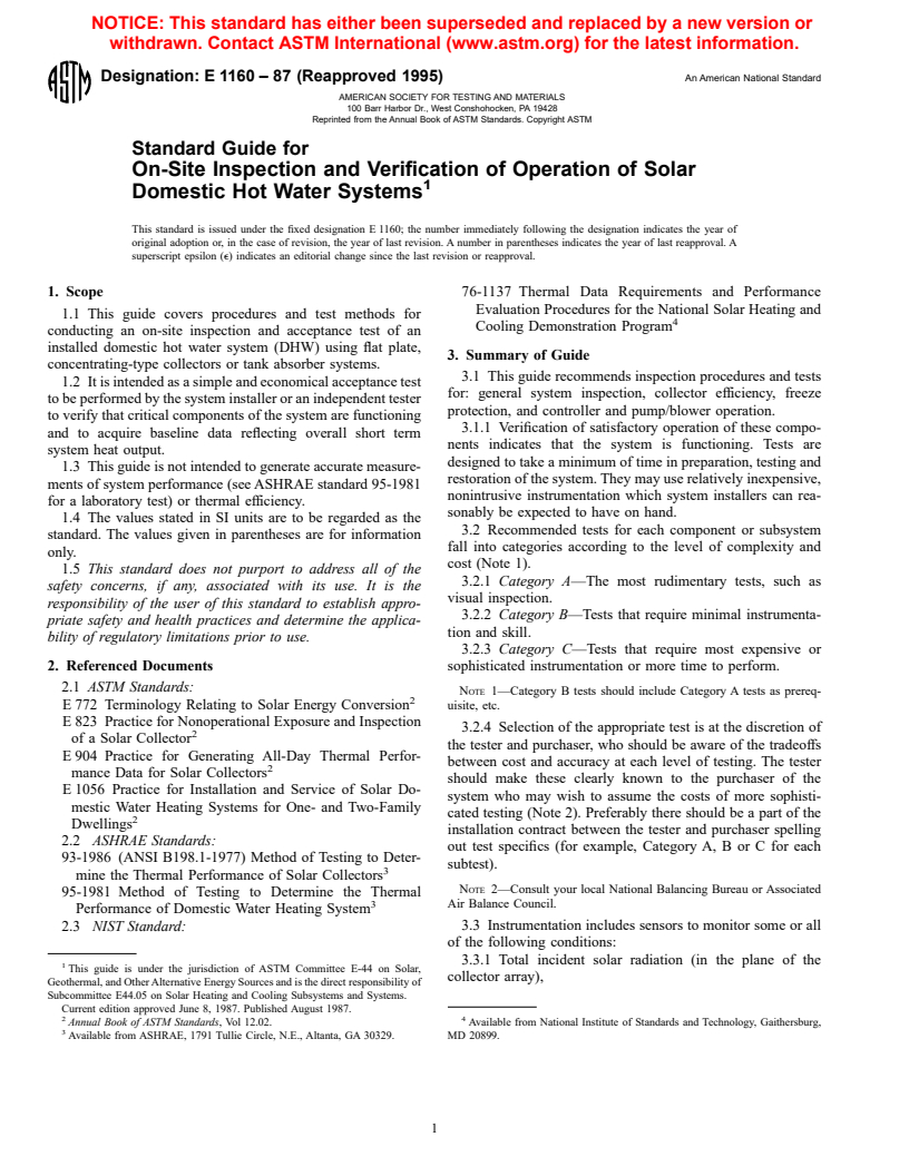 ASTM E1160-87(1995) - Standard Guide for On-Site Inspection and Verification of Operation of Solar Domestic Hot Water Systems