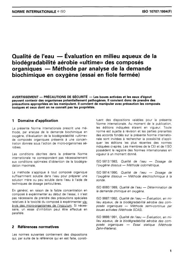 ISO 10707:1994 - Qualité de l'eau -- Évaluation en milieu aqueux de la biodégradabilité aérobie "ultime" des composés organiques -- Méthode par analyse de la demande biochimique en oxygene (essai en fiole fermée)