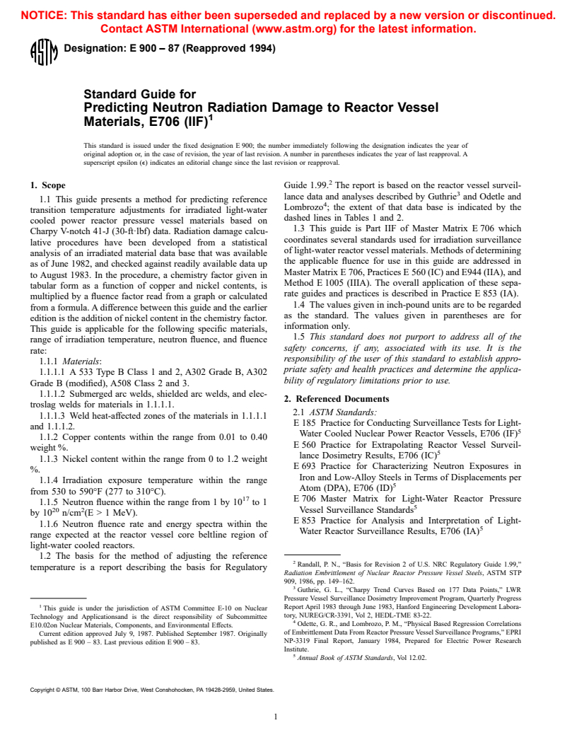 ASTM E900-87(1994) - Standard Guide for Predicting Neutron Radiation Damage to Reactor Vessel Materials, E 706 (IIF)