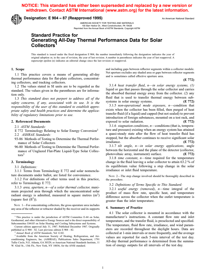 ASTM E904-87(1995) - Standard Practice for Generating All-Day Thermal Performance Data for Solar Collectors