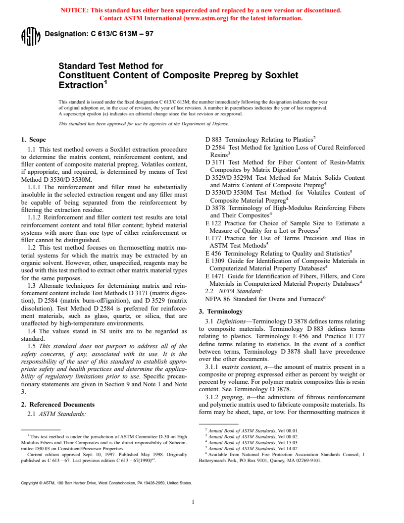 ASTM C613/C613M-97 - Standard Test Method for Constituent Content of Composite Prepreg by Soxhlet Extraction