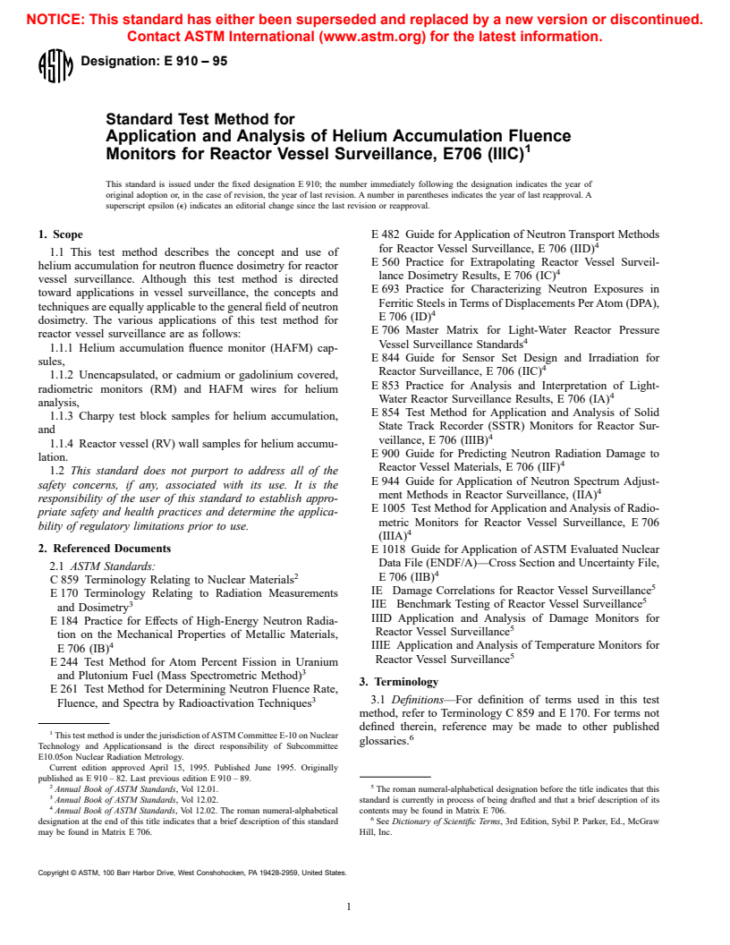 ASTM E910-95 - Standard Test Method for Application and Analysis of Helium Accumulation Fluence Monitors for Reactor Vessel Surveillance, E706 (IIIC)