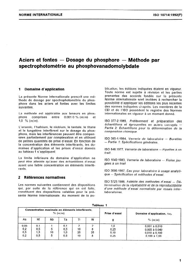 ISO 10714:1992 - Aciers et fontes -- Dosage du phosphore -- Méthode par spectrophotométrie au phosphovanadomolybdate