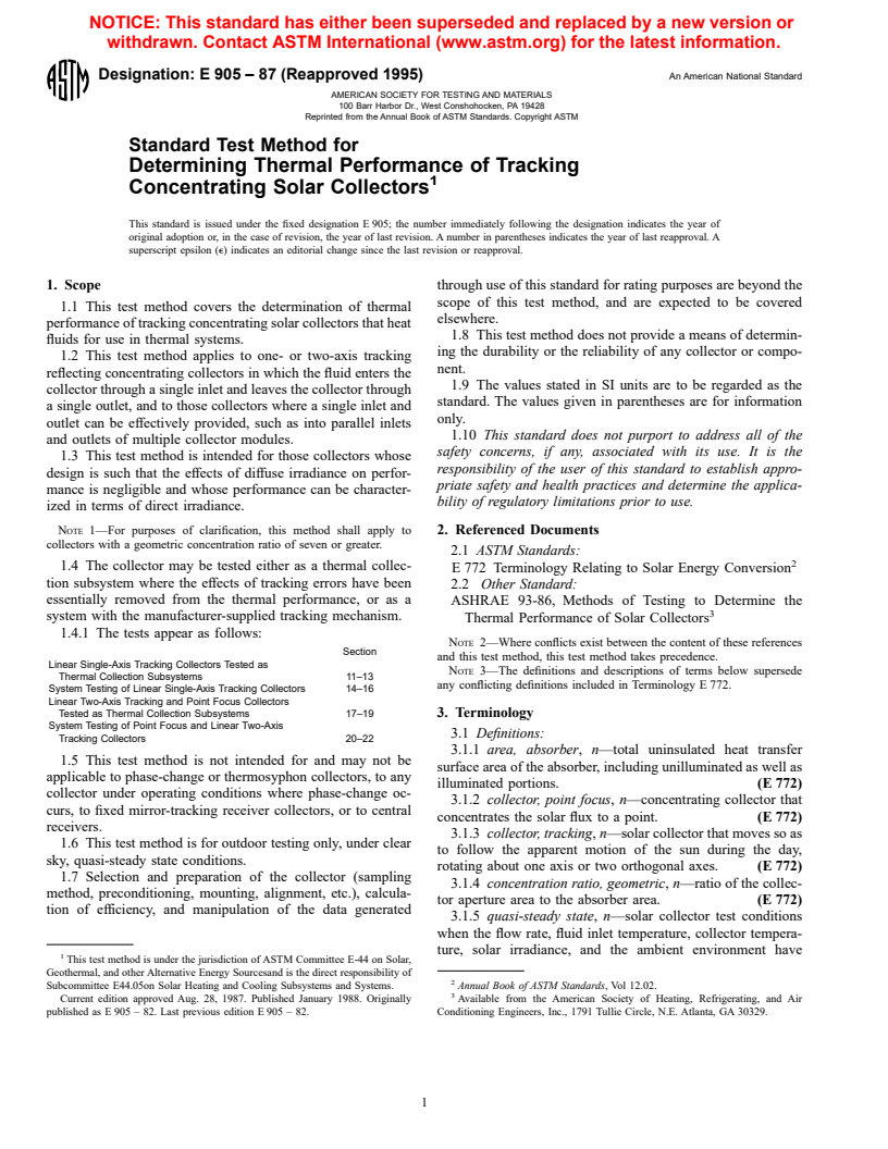 ASTM E905-87(1995) - Standard Test Method for Determining Thermal Performance of Tracking Concentrating Solar Collectors