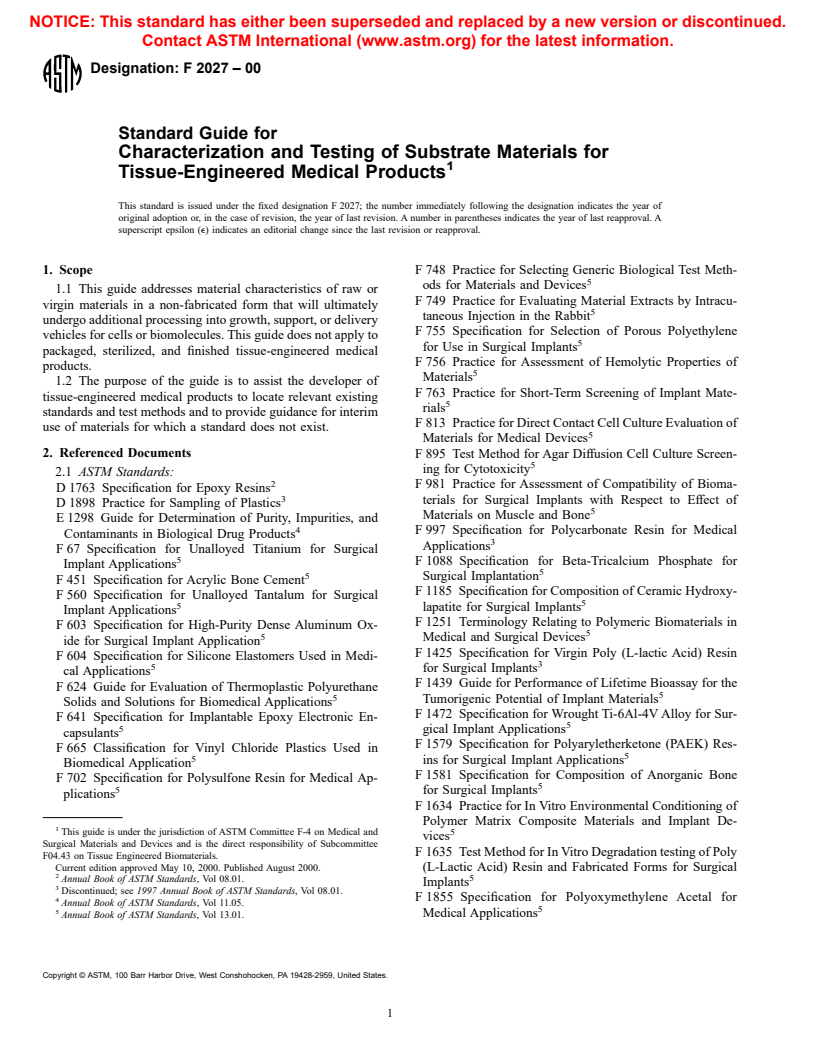 ASTM F2027-00 - Standard Guide for Characterization and Testing of Substrate Materials for Tissue-Engineered Medical Products