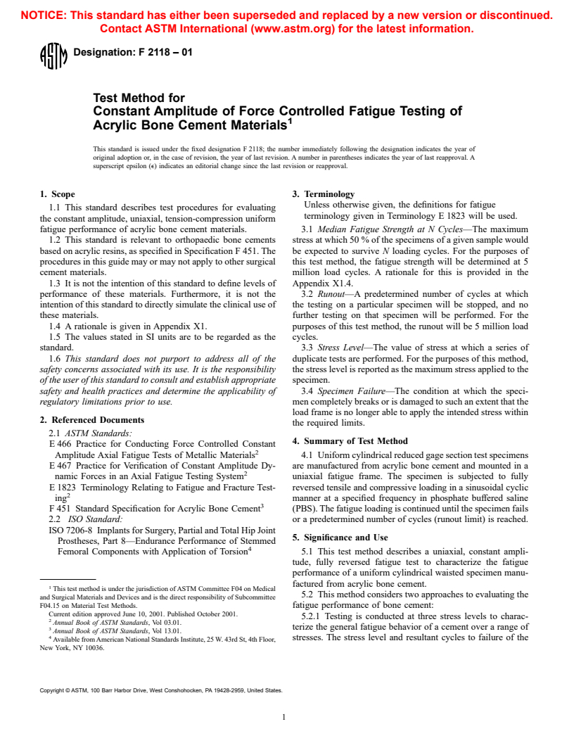 ASTM F2118-01 - Test Method for Constant Amplitude of Force Controlled Fatigue Testing of Acrylic Bone Cement Materials